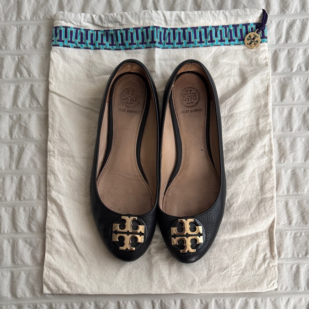 Tory Burch Claire Black Flats with Gold Accents